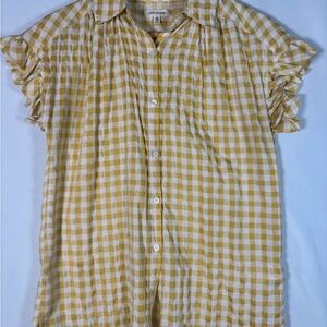 💛 Max Studio Yellow Gingham Ruffle Sleeve Button-Up Top | XS